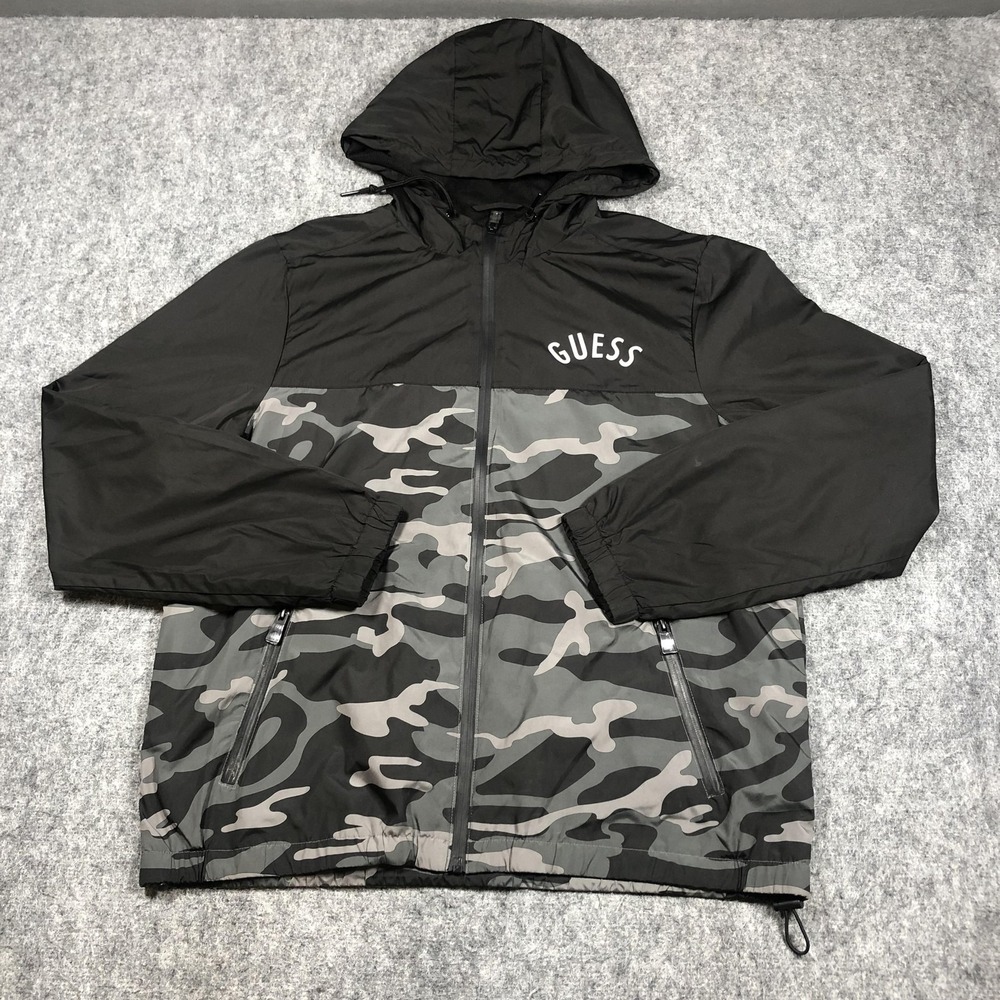 Guess Jacket Mens Large Black Camo Hooded Windbreaker Lightweight Zip Pockets